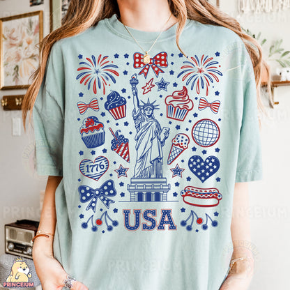 a woman wearing a t - shirt with the statue of liberty on it