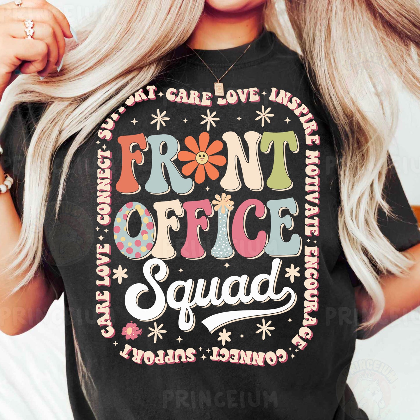 a woman wearing a black shirt that says front office squad