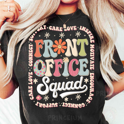 a woman wearing a black shirt that says front office squad