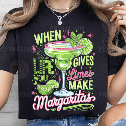 a woman wearing a t - shirt that says when life gives limes make margarita