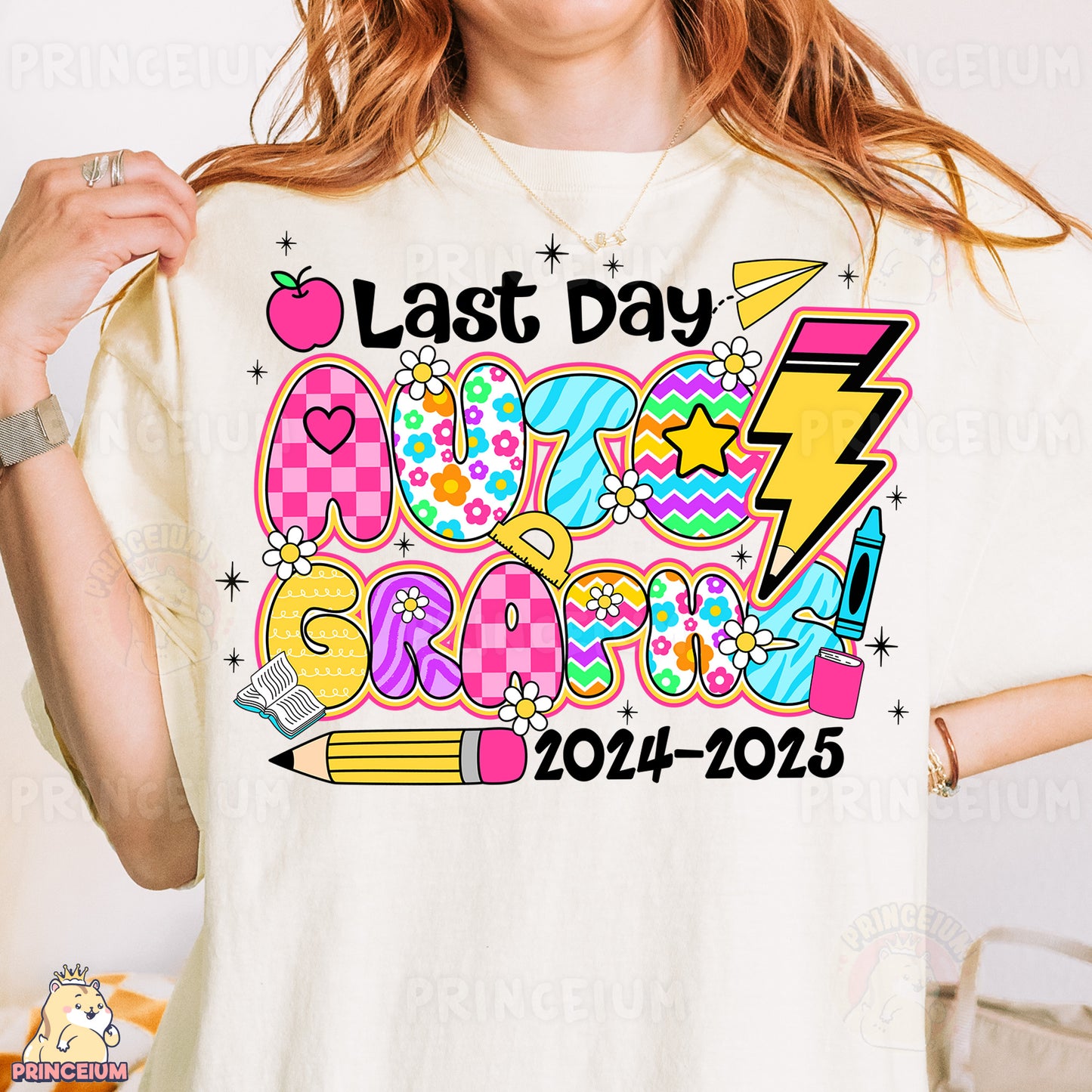 a woman wearing a t - shirt that says last day school