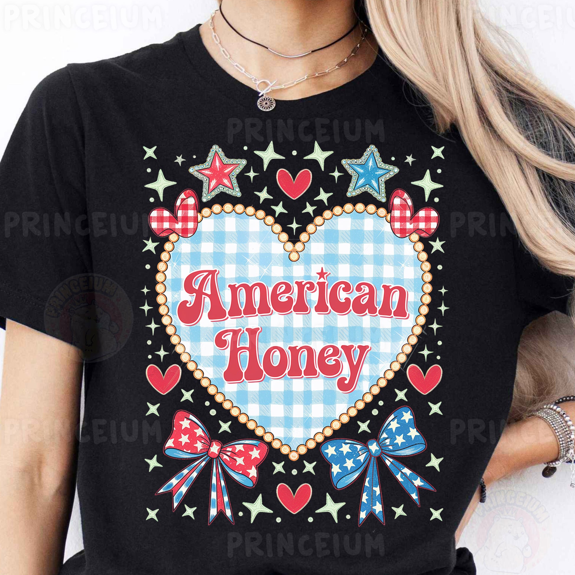 a woman wearing a black american honey t - shirt
