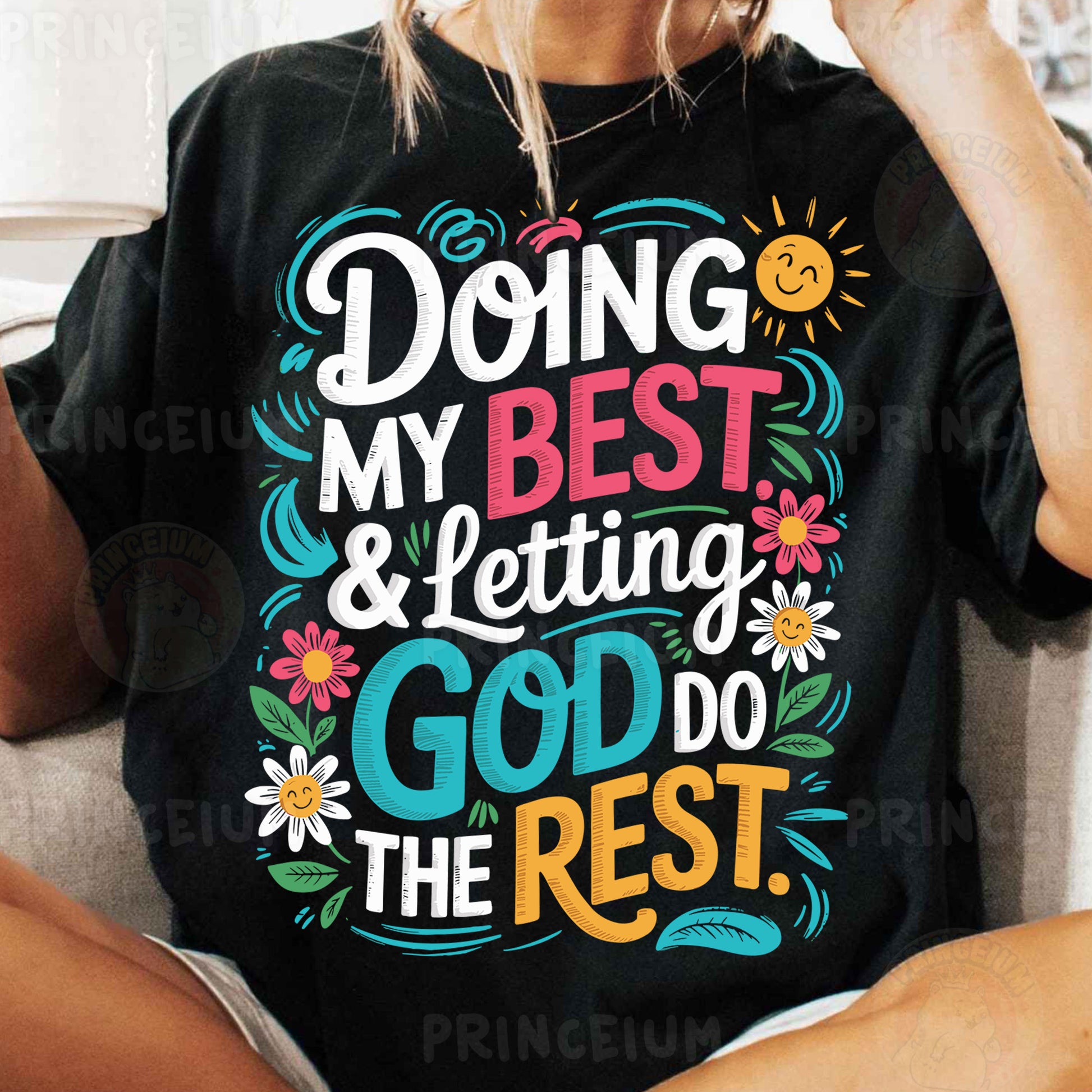 a woman sitting on a couch wearing a t - shirt that says doing my best
