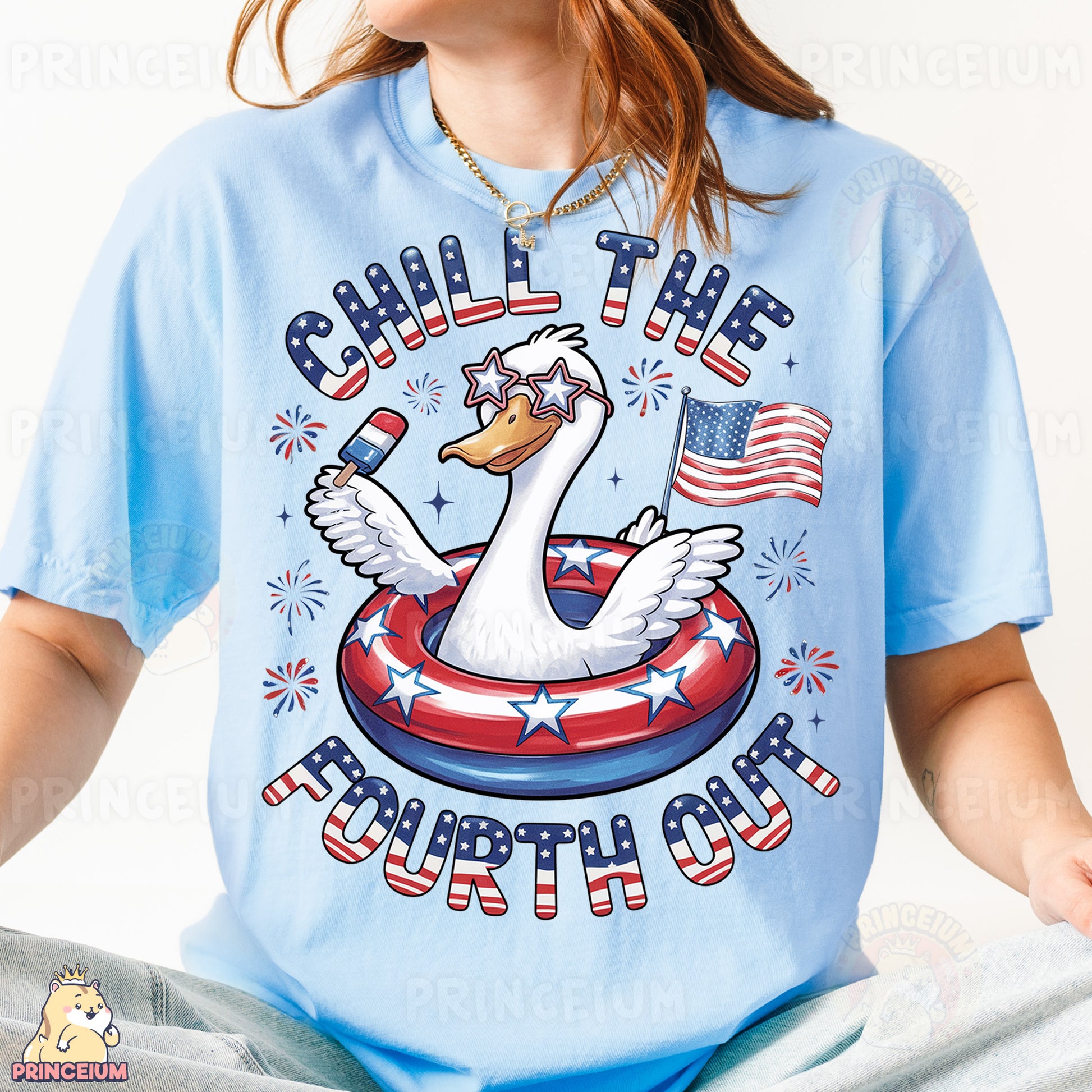 a woman wearing a t - shirt with a duck on it