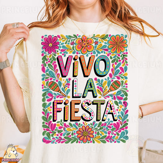 a woman wearing a t - shirt that says vivo la fiesta fiesta
