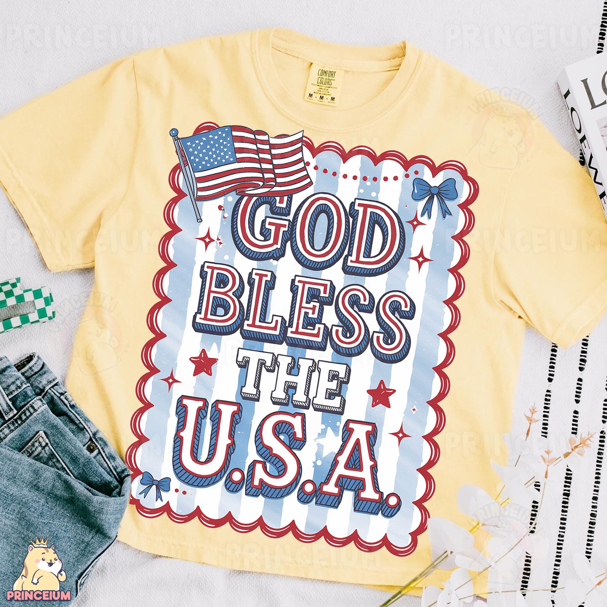 a t - shirt that says god bless the usa with an american flag on it
