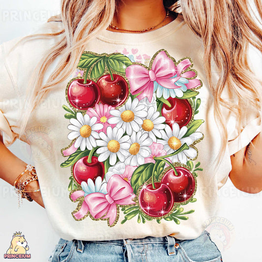a woman wearing a t - shirt with flowers and cherries on it