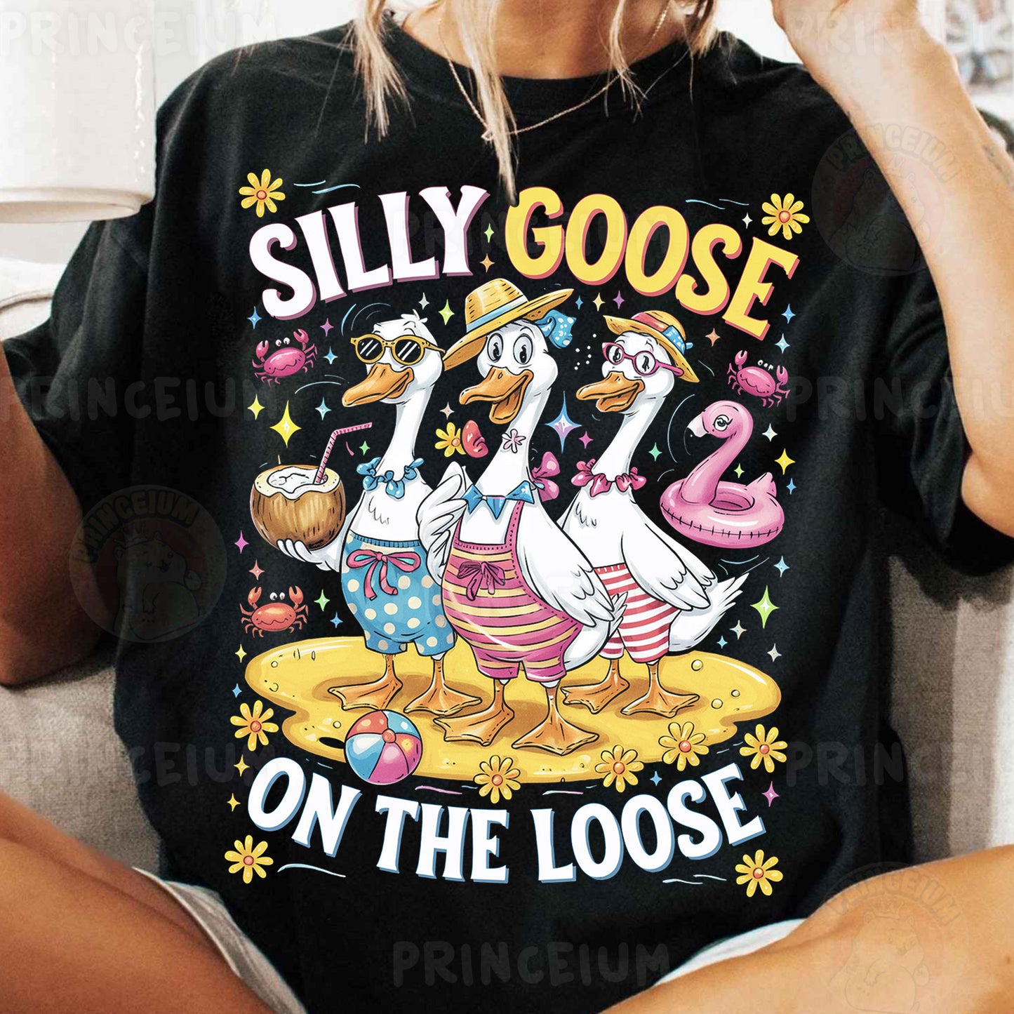 a woman wearing a silly goose on the loose t - shirt