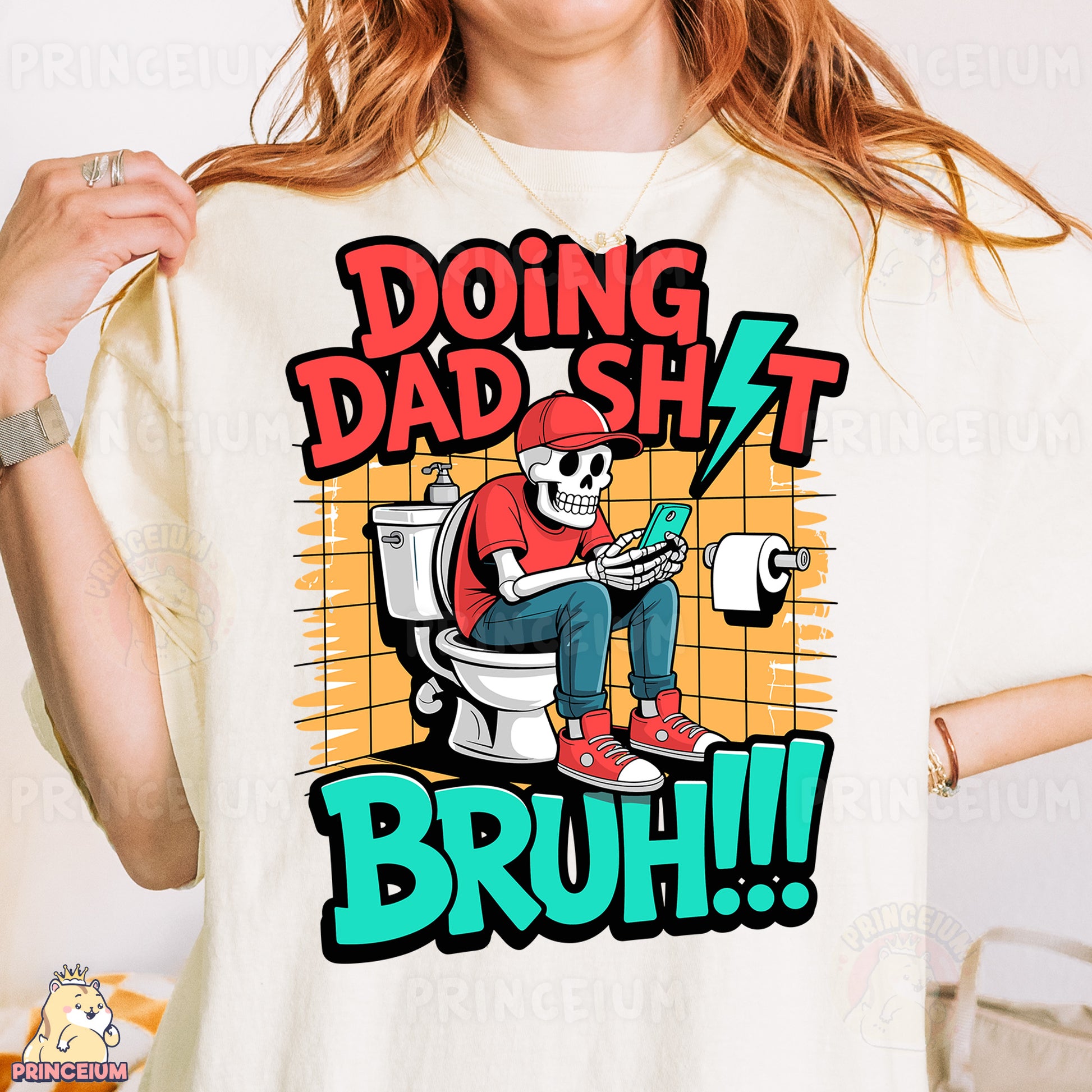 a woman wearing a t - shirt that says doing dad sh t bruh