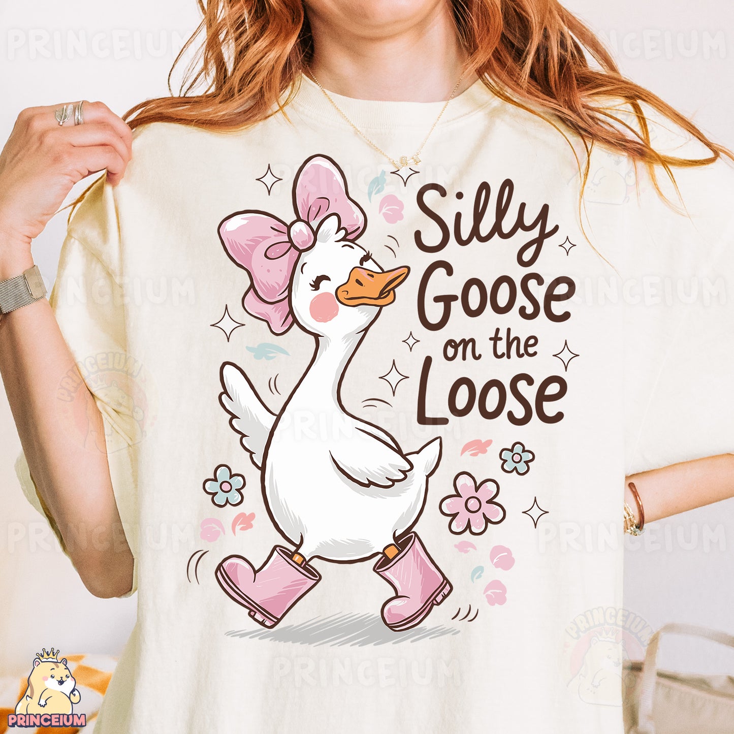 a woman wearing a silly goose on the loose t - shirt