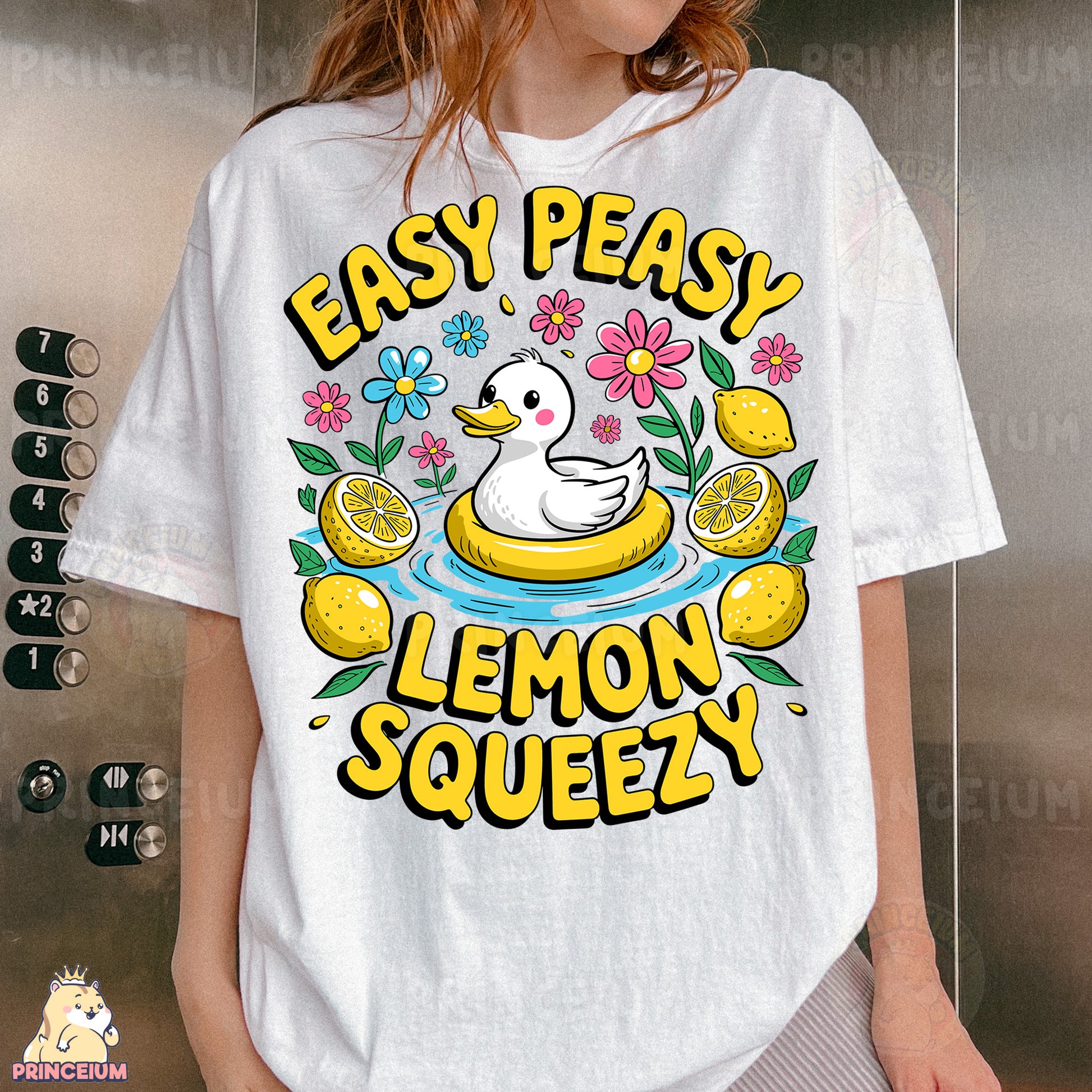 a woman wearing a t - shirt that says easy peasy lemon squeez