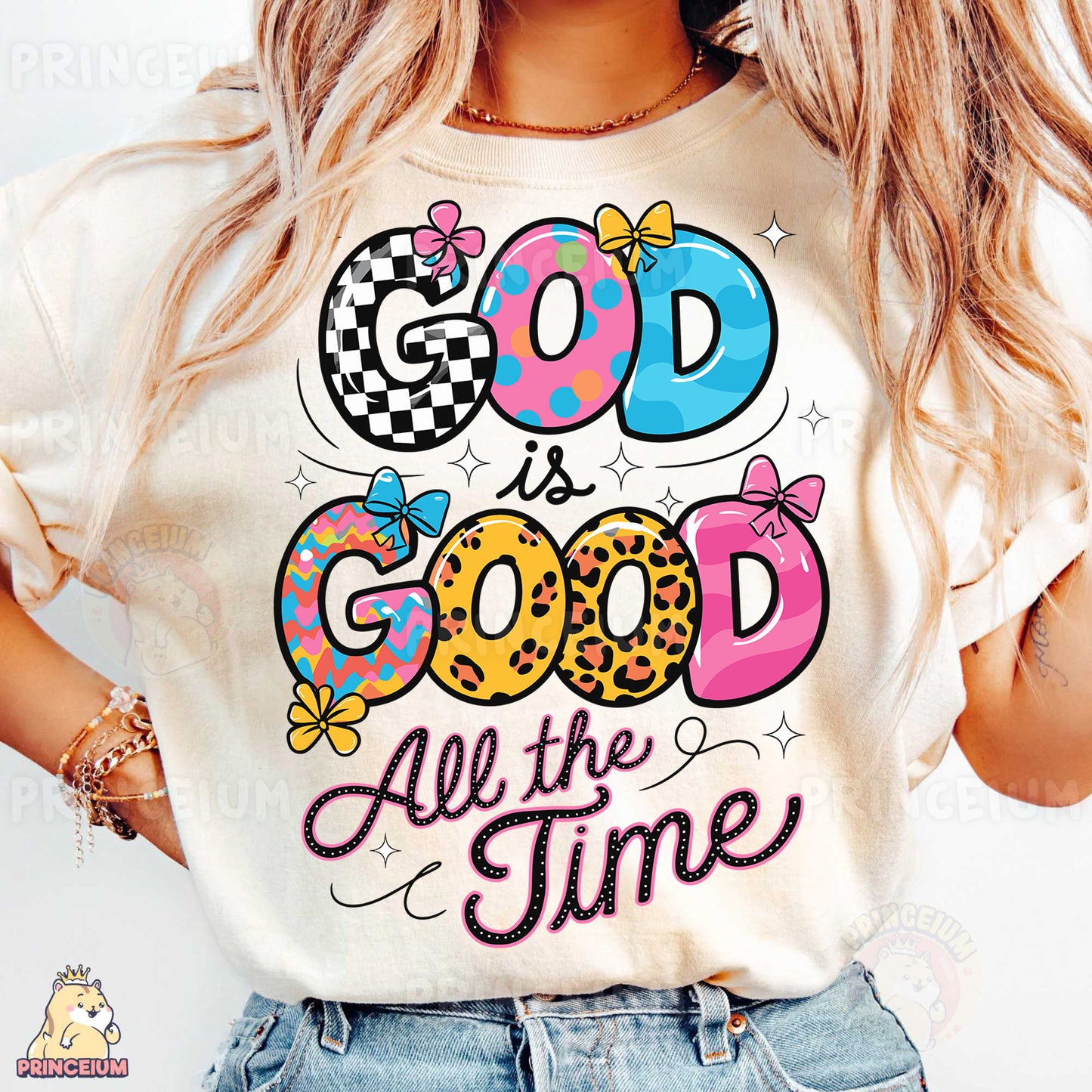 a woman wearing a t - shirt that says god is good all the time