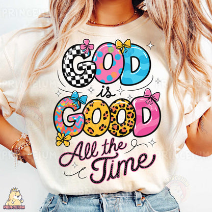 a woman wearing a t - shirt that says god is good all the time