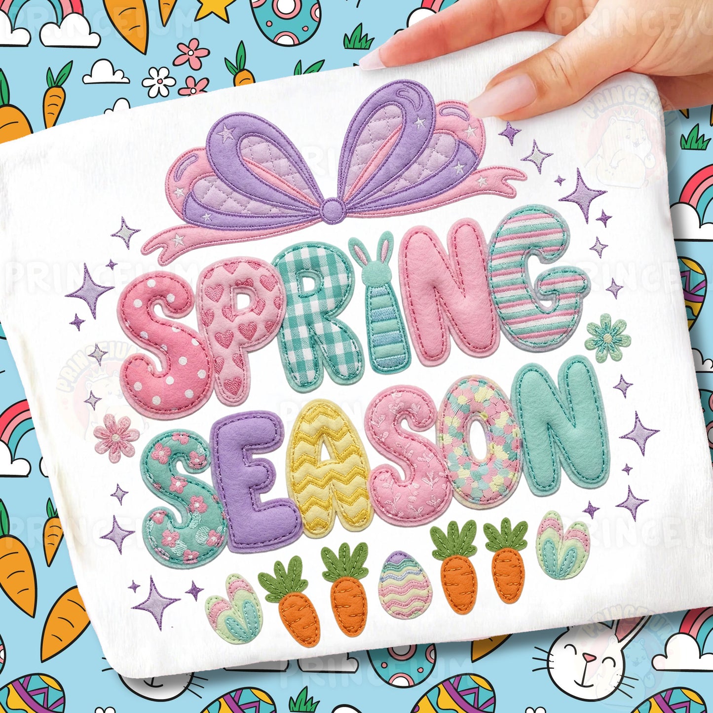 Spring Season PNG, Cute Patchwork Bow Bunny Lettering, Pastel Easter Clipart Design