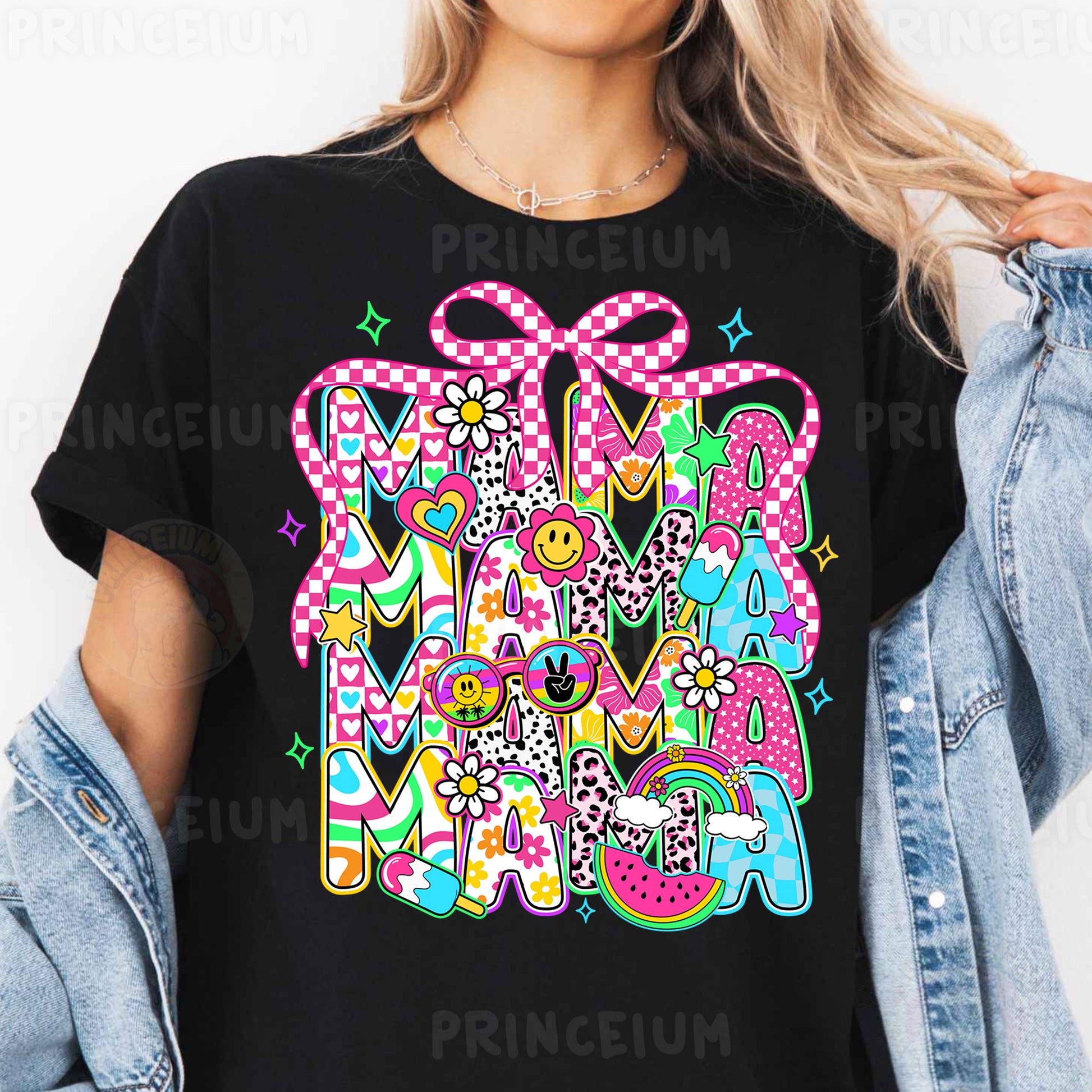 a woman wearing a black tshirt with a pink bow on it