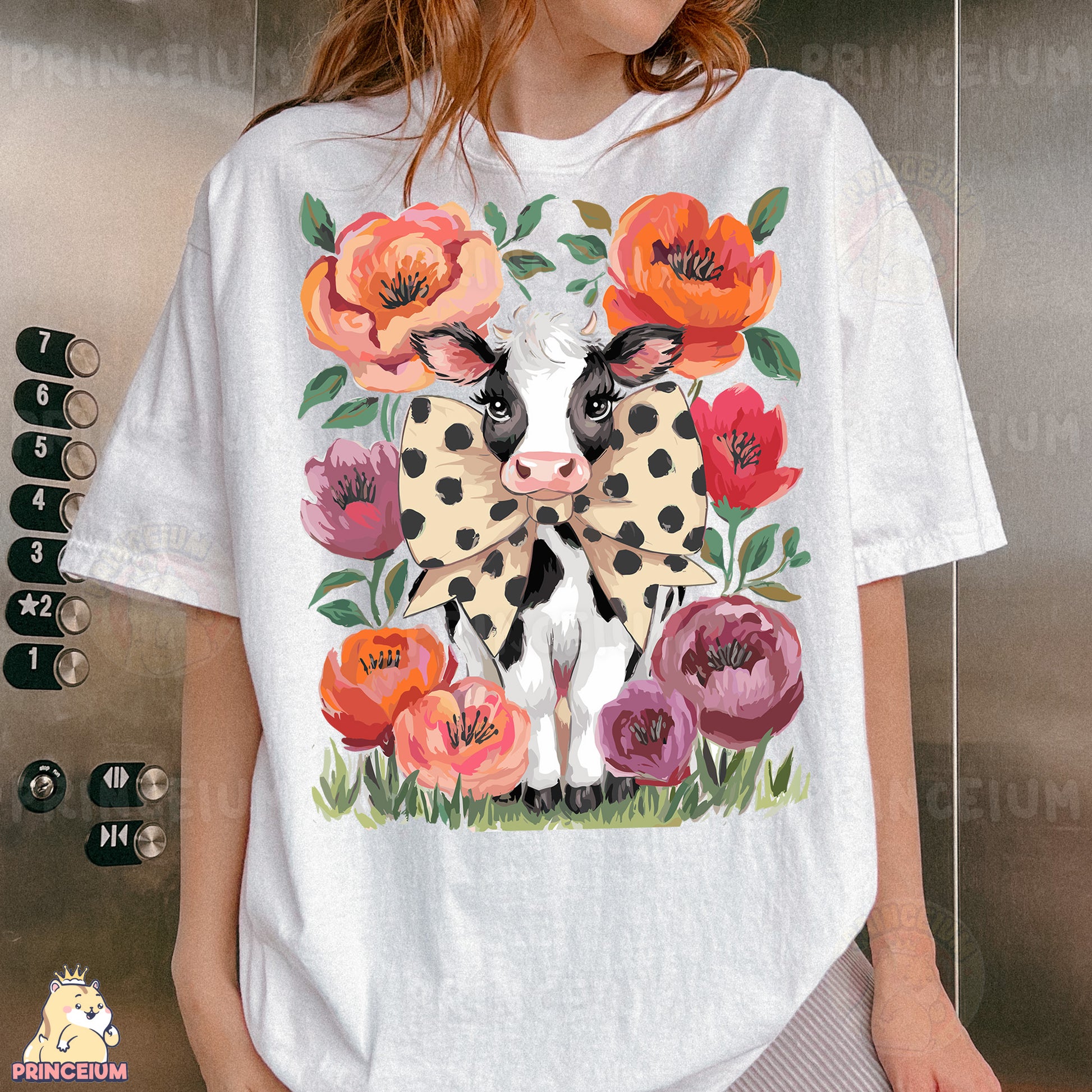 a woman wearing a white shirt with a cow and flowers on it