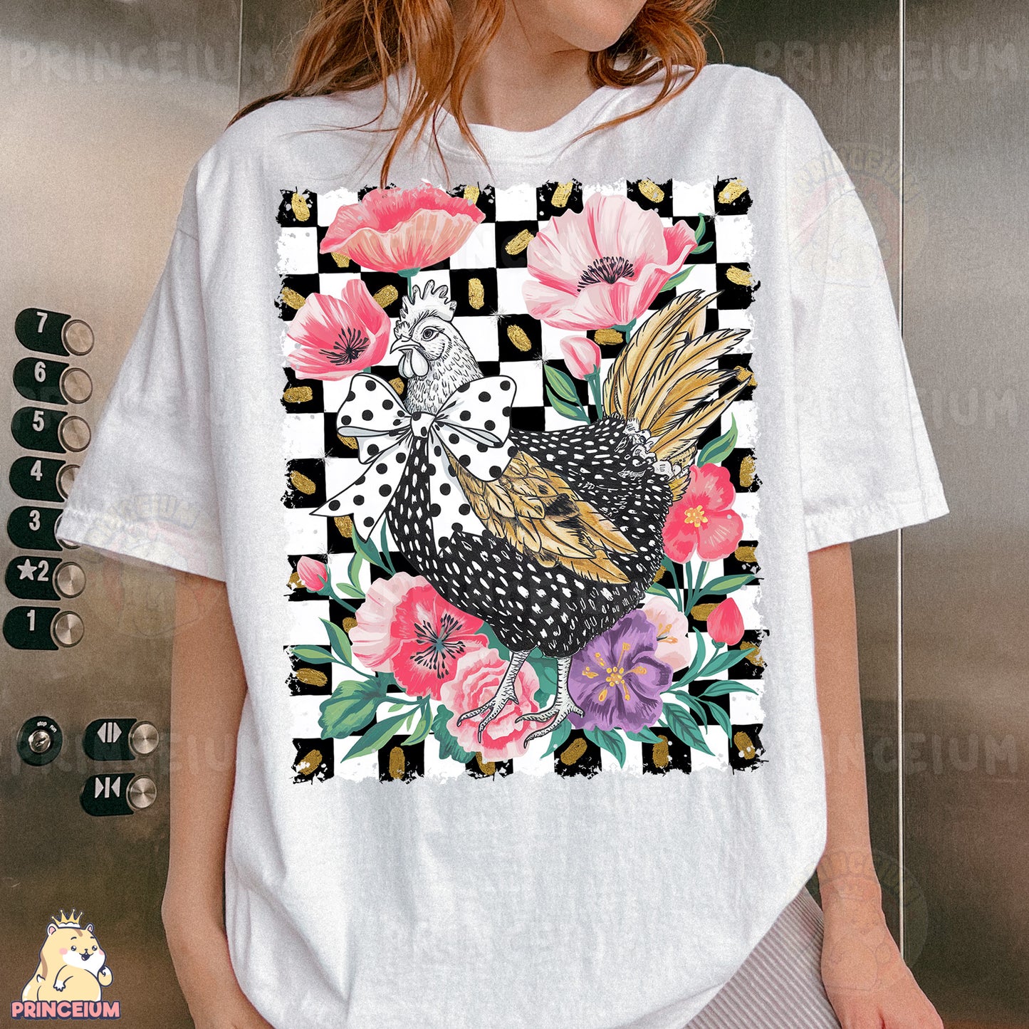 a woman wearing a t - shirt with a picture of a bird on it