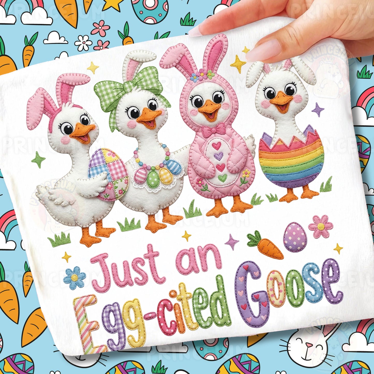 Just an Egg-cited Goose PNG, Cute Easter Ducks in Bunny Costumes, Funny Patchwork Spring Clipart