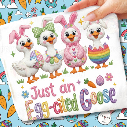 Just an Egg-cited Goose PNG, Cute Easter Ducks in Bunny Costumes, Funny Patchwork Spring Clipart