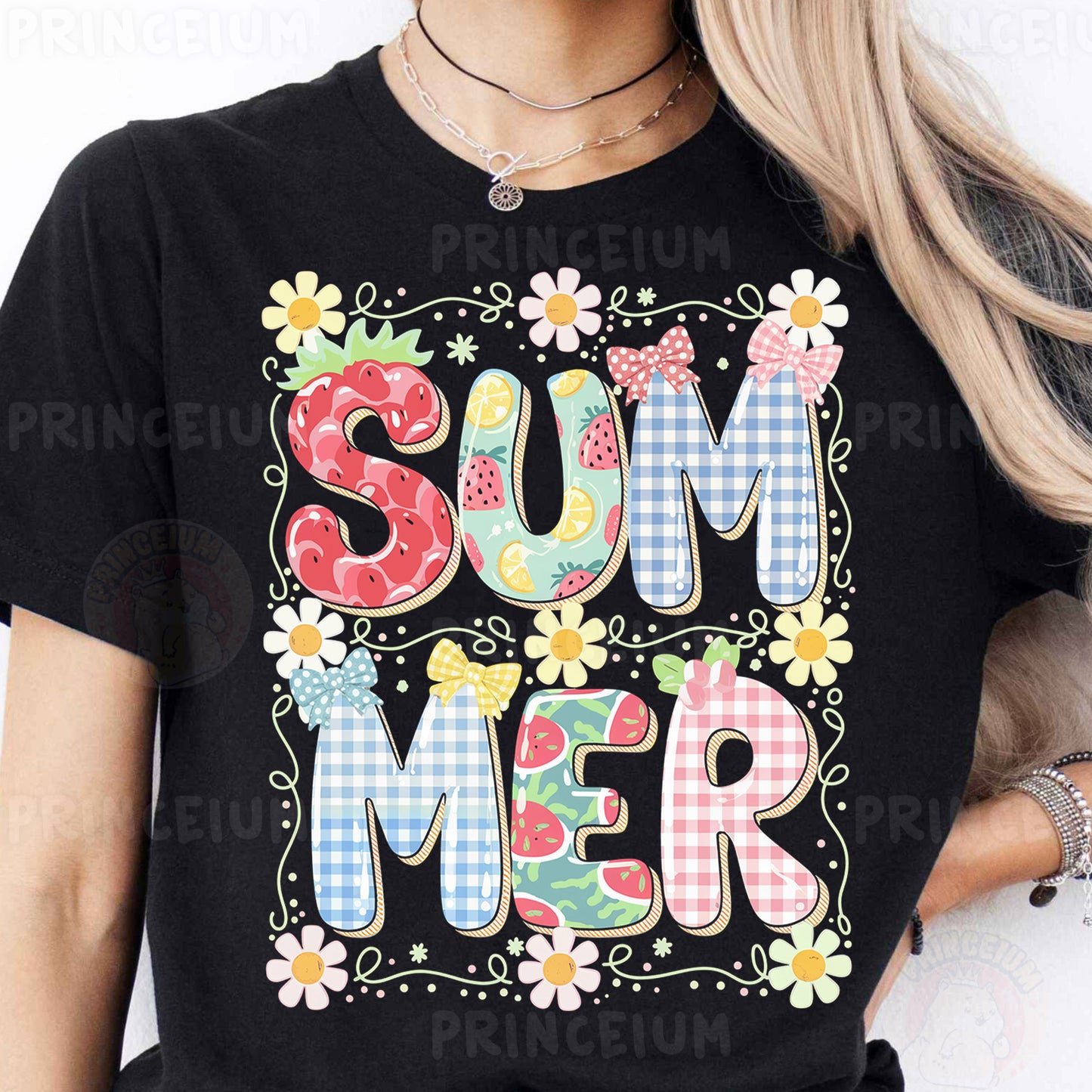 Summer Sublimation PNG | Cute Patchwork “SUMMER” T-Shirt Design with Fruits & Florals