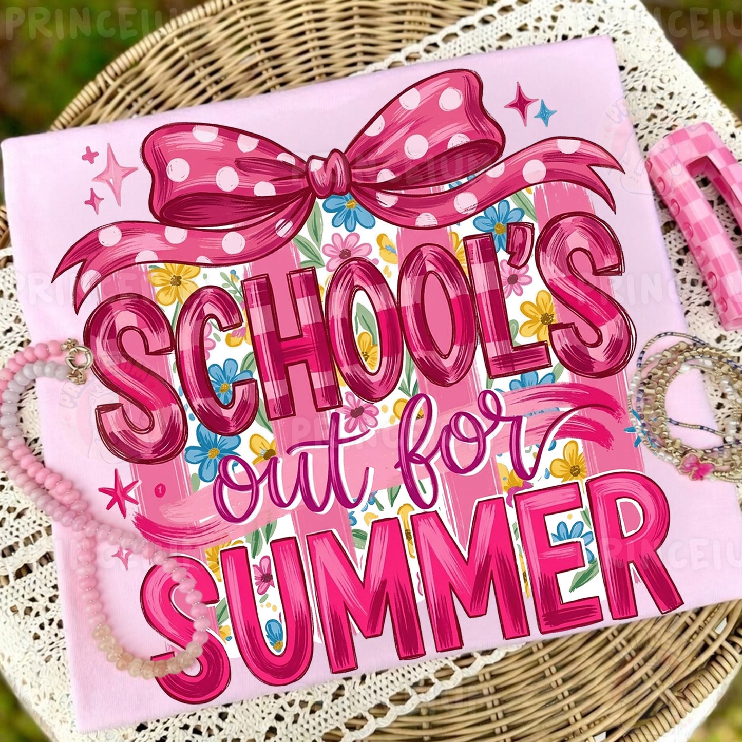 School's Out For Summer Sublimation Design PNG | Pink Bow Floral Digital Download