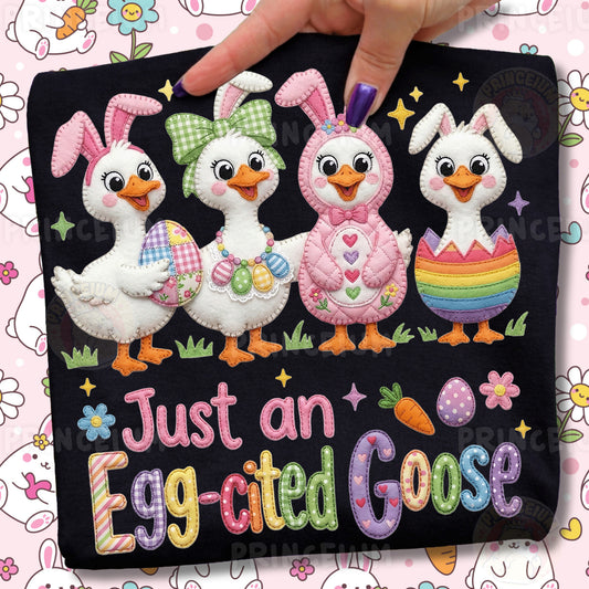 Just an Egg-cited Goose PNG, Cute Easter Ducks in Bunny Costumes, Funny Patchwork Spring Clipart