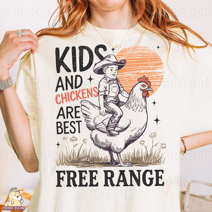 a woman wearing a t - shirt that says kids and chickens are best