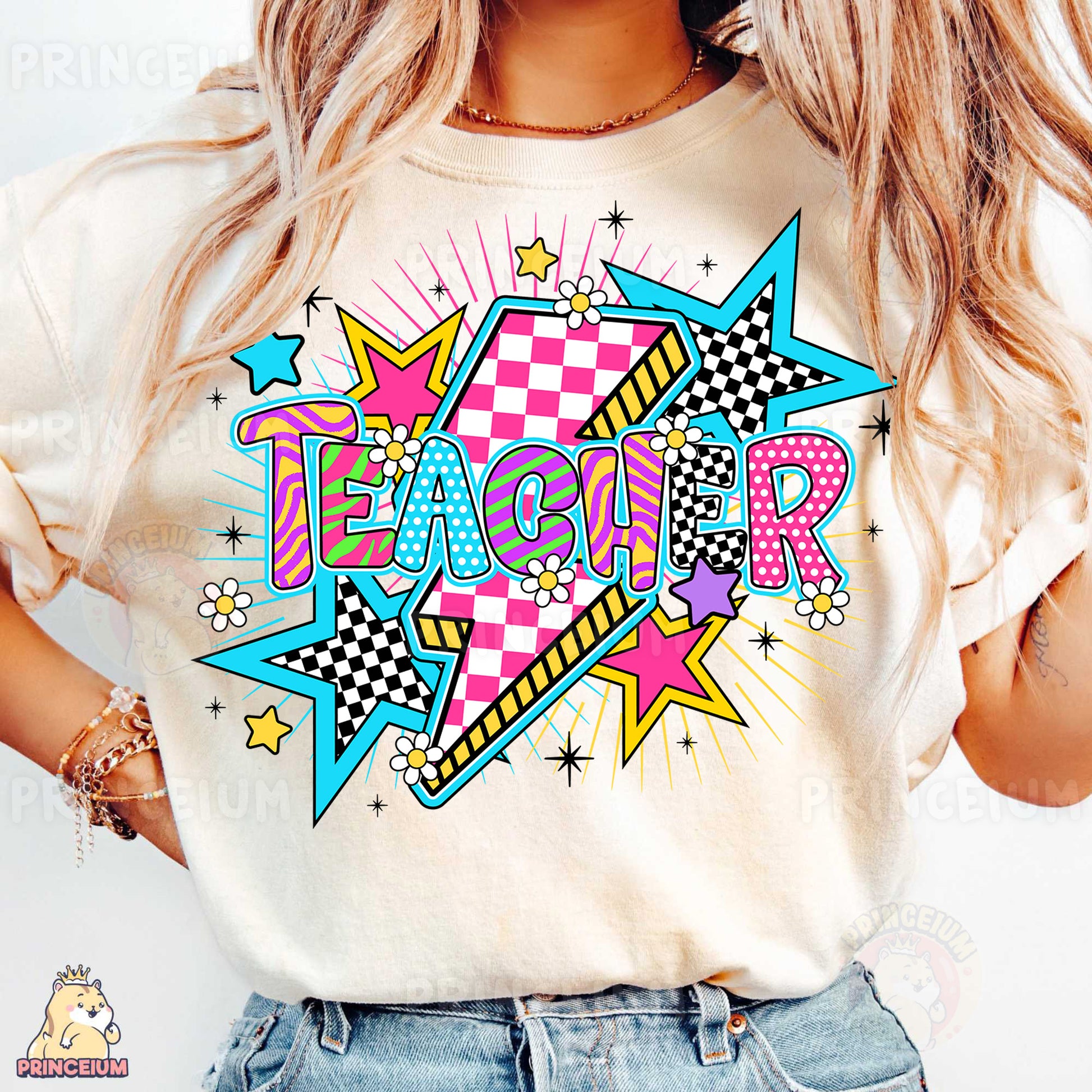 a woman wearing a t - shirt that says teacher