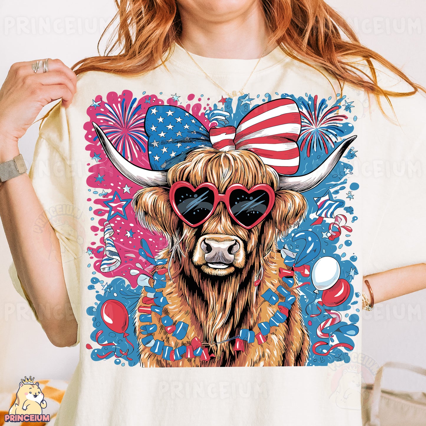 a woman wearing a t - shirt with a bull wearing sunglasses
