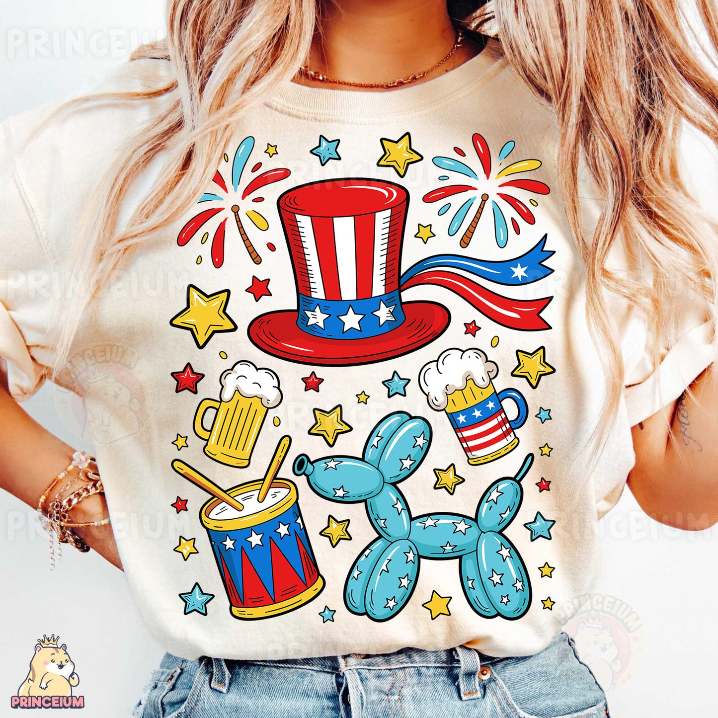 a woman wearing a patriotic t - shirt and denim shorts
