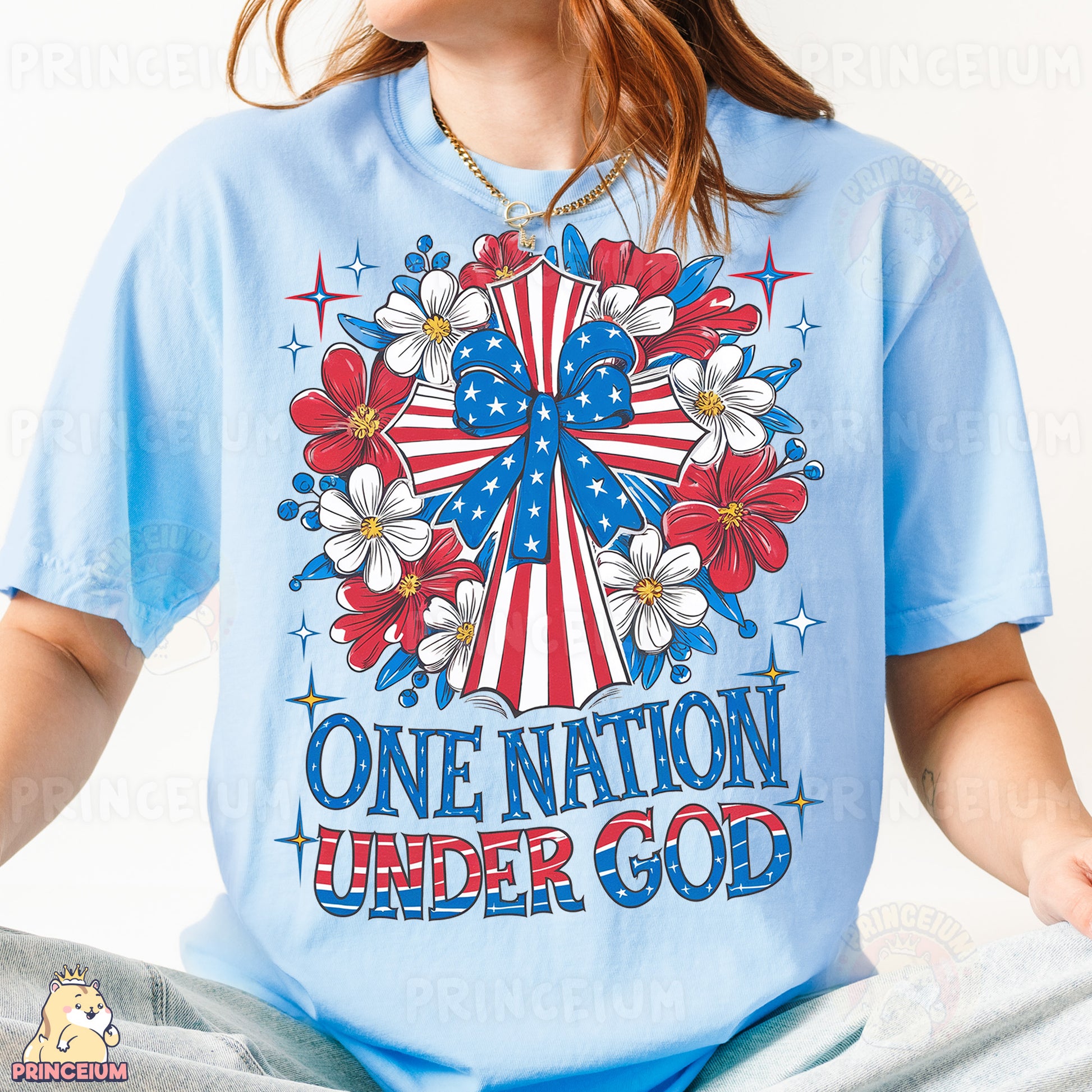 a woman wearing a blue shirt with a cross on it