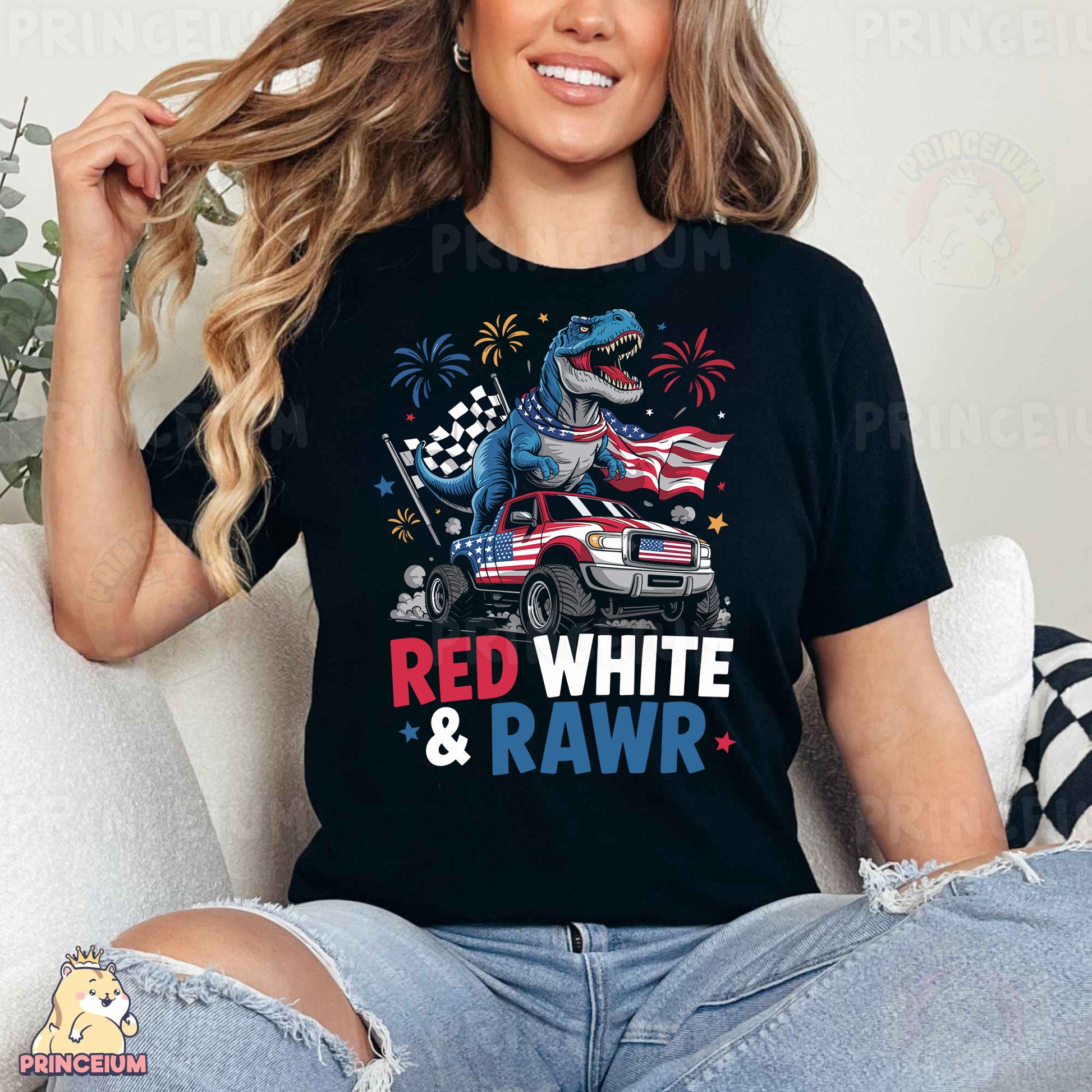 a woman wearing a red, white and raw t - shirt