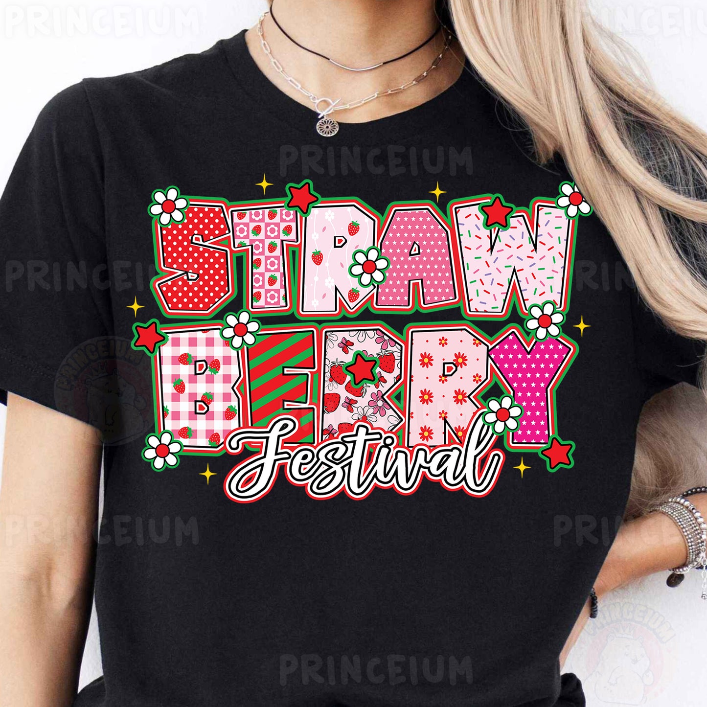 a woman wearing a black t - shirt that says straw berry birthday