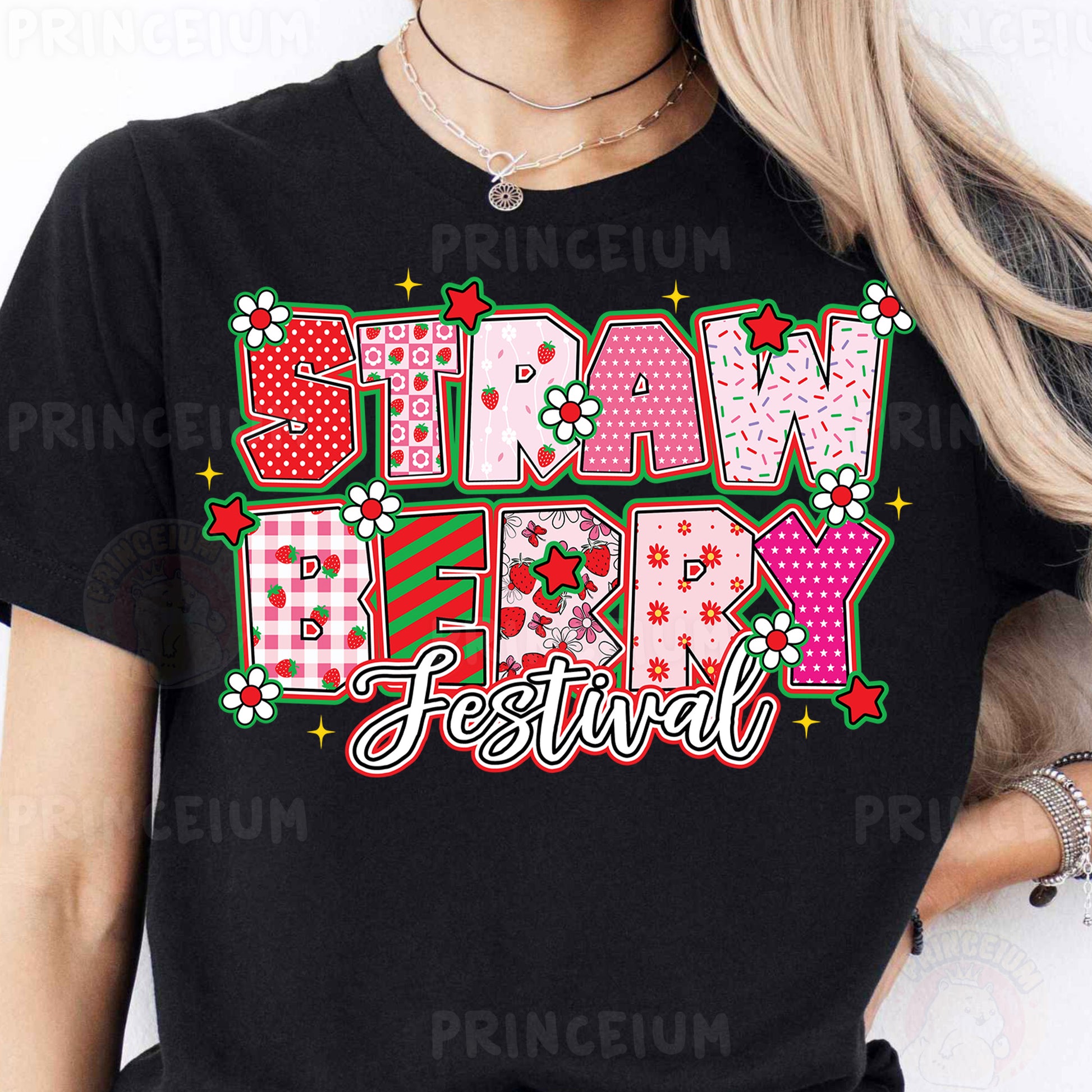 a woman wearing a black t - shirt that says straw berry birthday