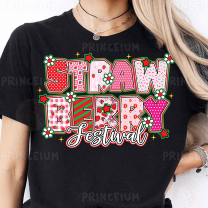 a woman wearing a black t - shirt that says straw berry birthday