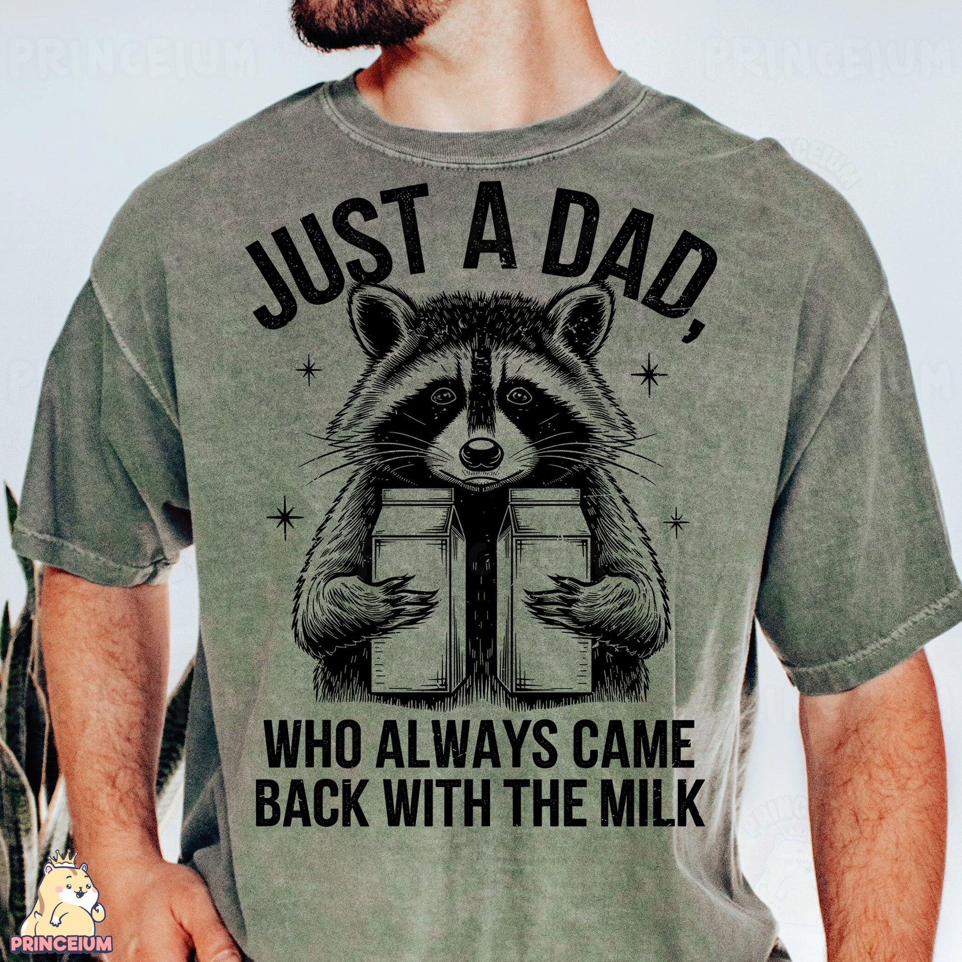 a man wearing a shirt that says just a dad who always came back with the
