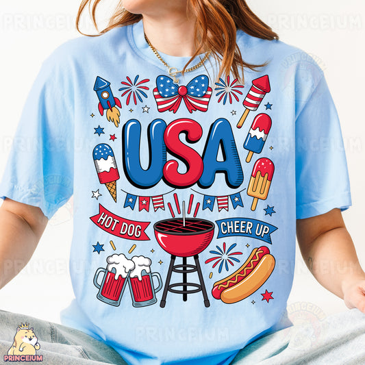 a woman wearing a usa t - shirt while sitting on a bed