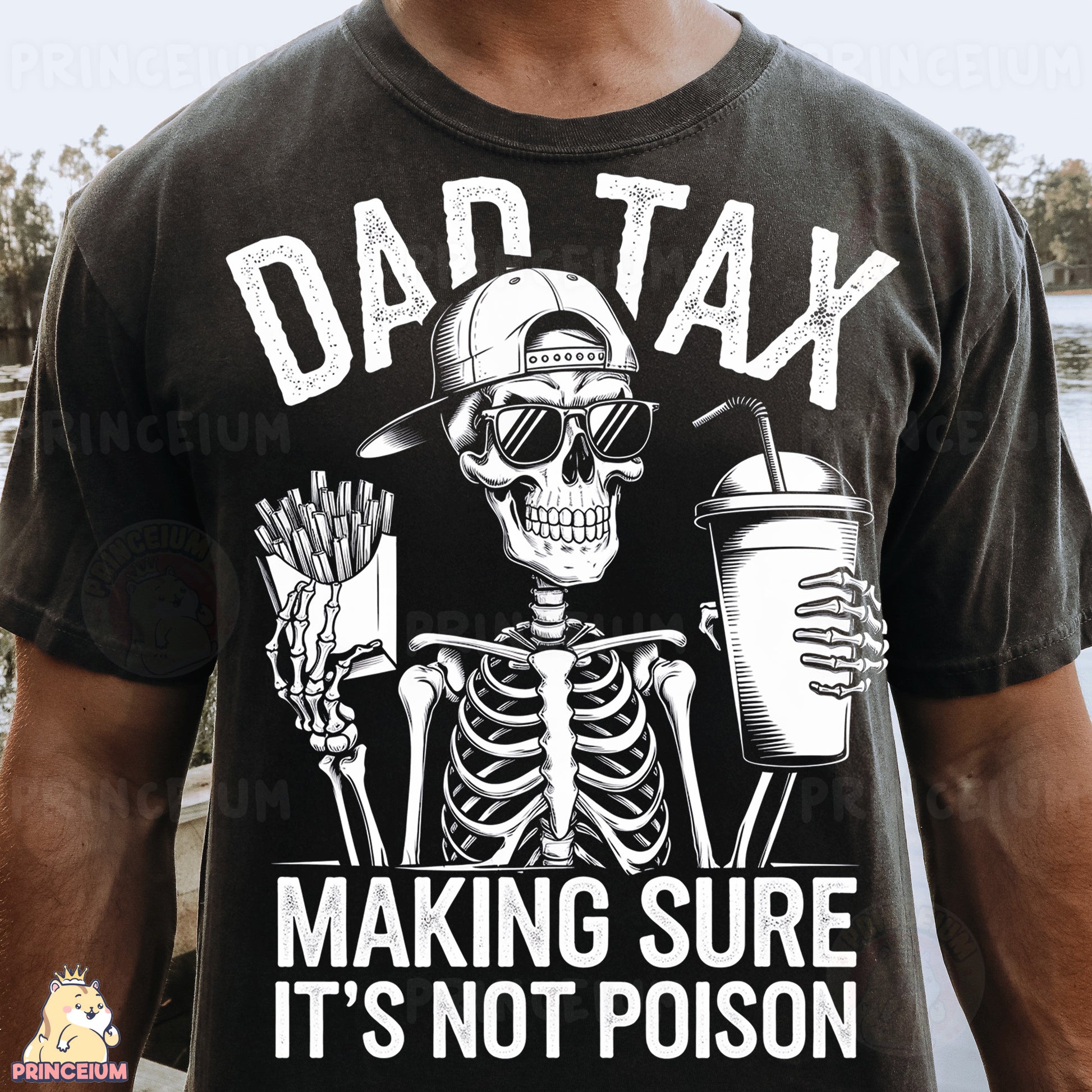 a man wearing a shirt that says dad tax making sure it's not prison