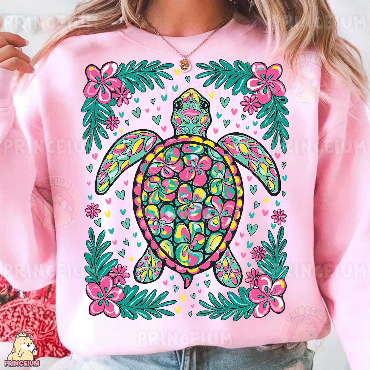 a woman wearing a pink sweatshirt with a turtle on it