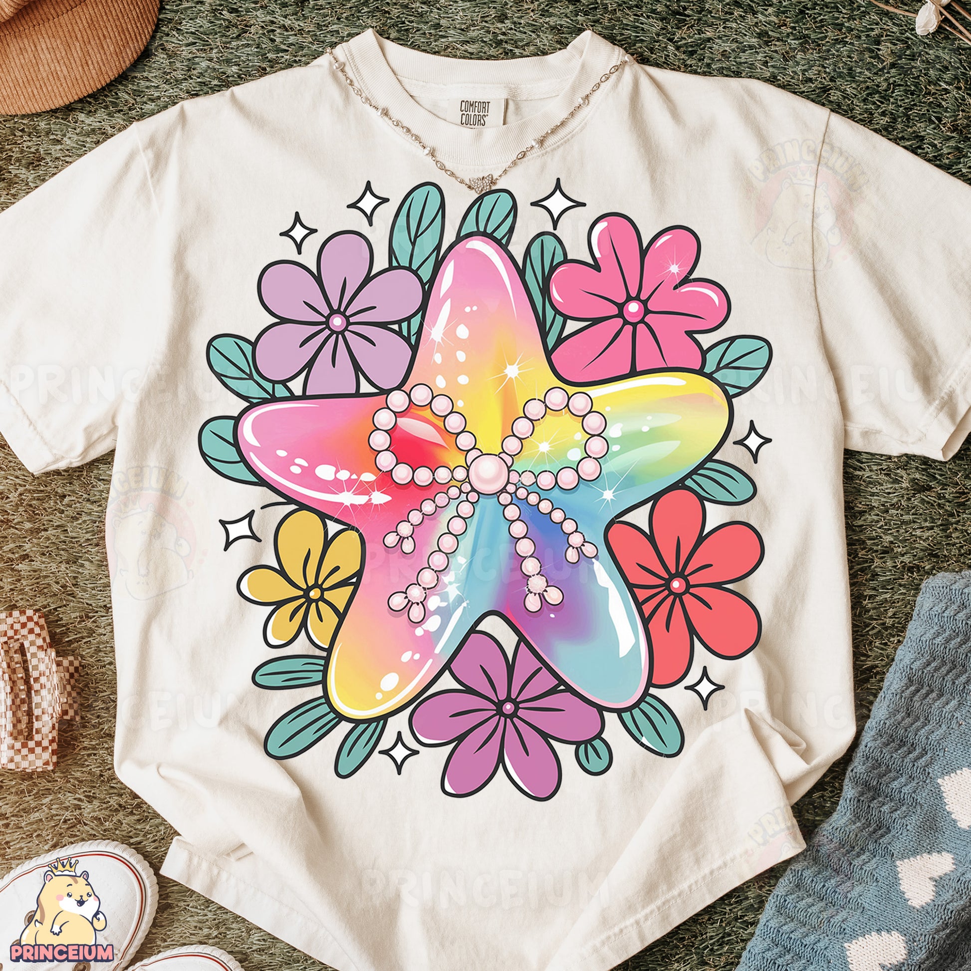 a t - shirt with a starfish and flowers on it