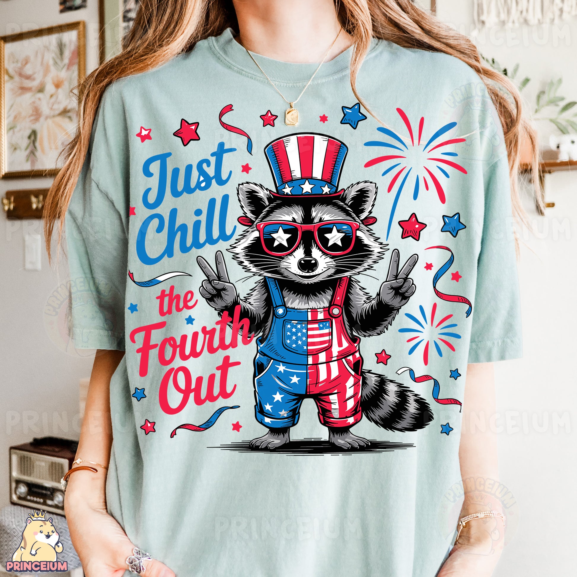 a woman wearing a t - shirt with a raccoon on it