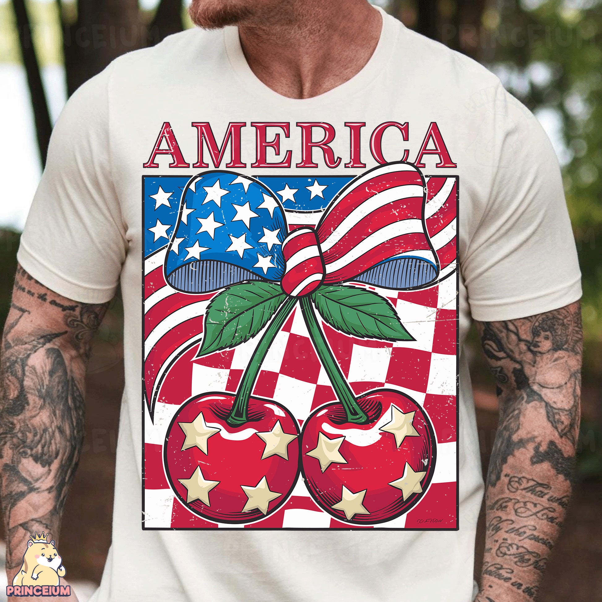 a man wearing a white shirt with an american flag and cherries on it