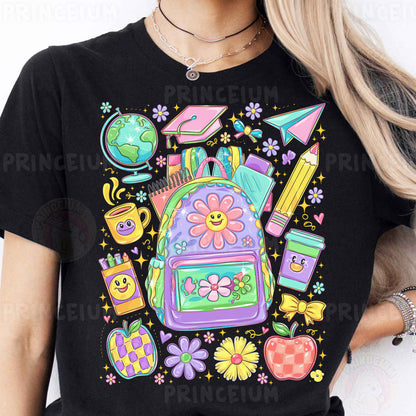 a woman wearing a black tshirt with a backpack on it