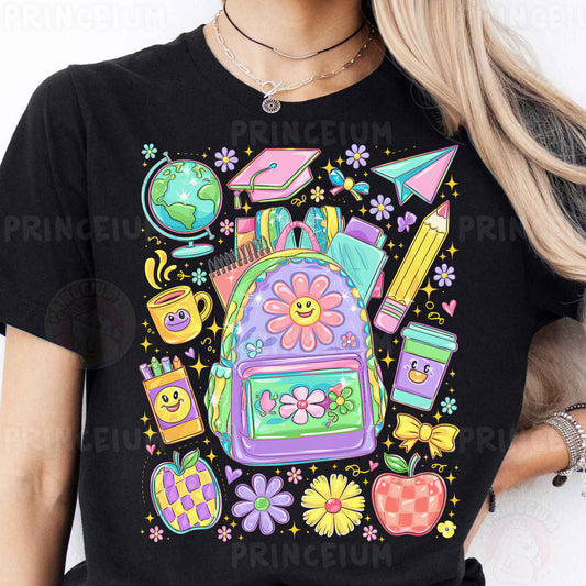 a woman wearing a black tshirt with a backpack on it