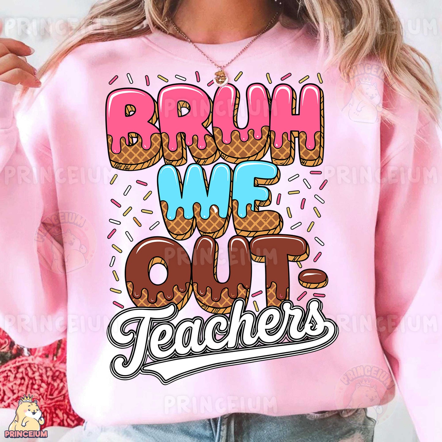 a woman wearing a pink sweatshirt that says, brown we out teachers