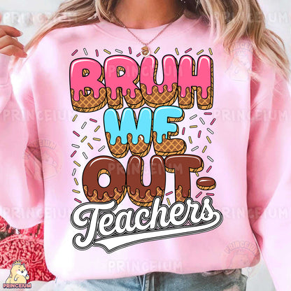 a woman wearing a pink sweatshirt that says, brown we out teachers