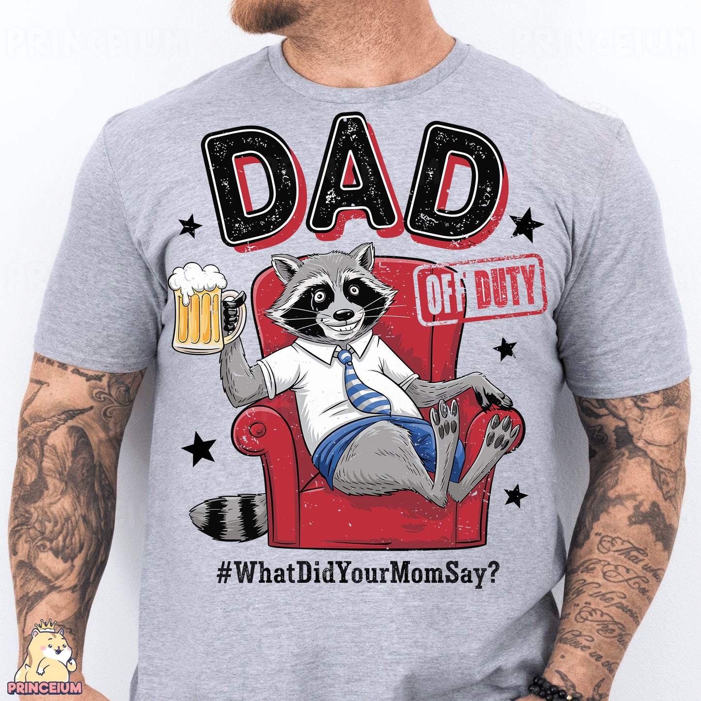 a man wearing a shirt with a raccoon on it