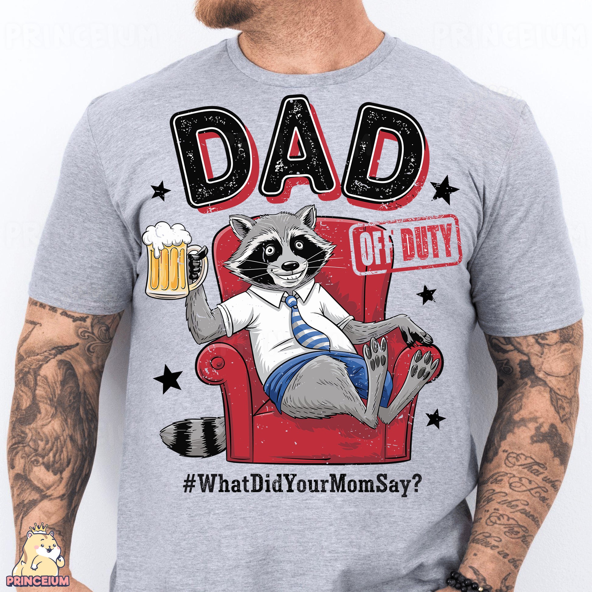 a man wearing a shirt with a raccoon on it