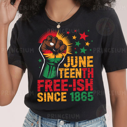 a woman wearing a black tshirt with a fist on it