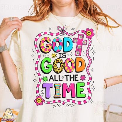 a woman wearing a t - shirt that says god is good all the time